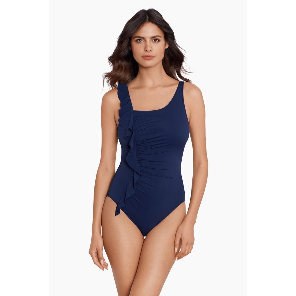 Magicsuit One-Shoulder Ruffle One Piece Swimsuit in Navy Blue Size 16 NWT